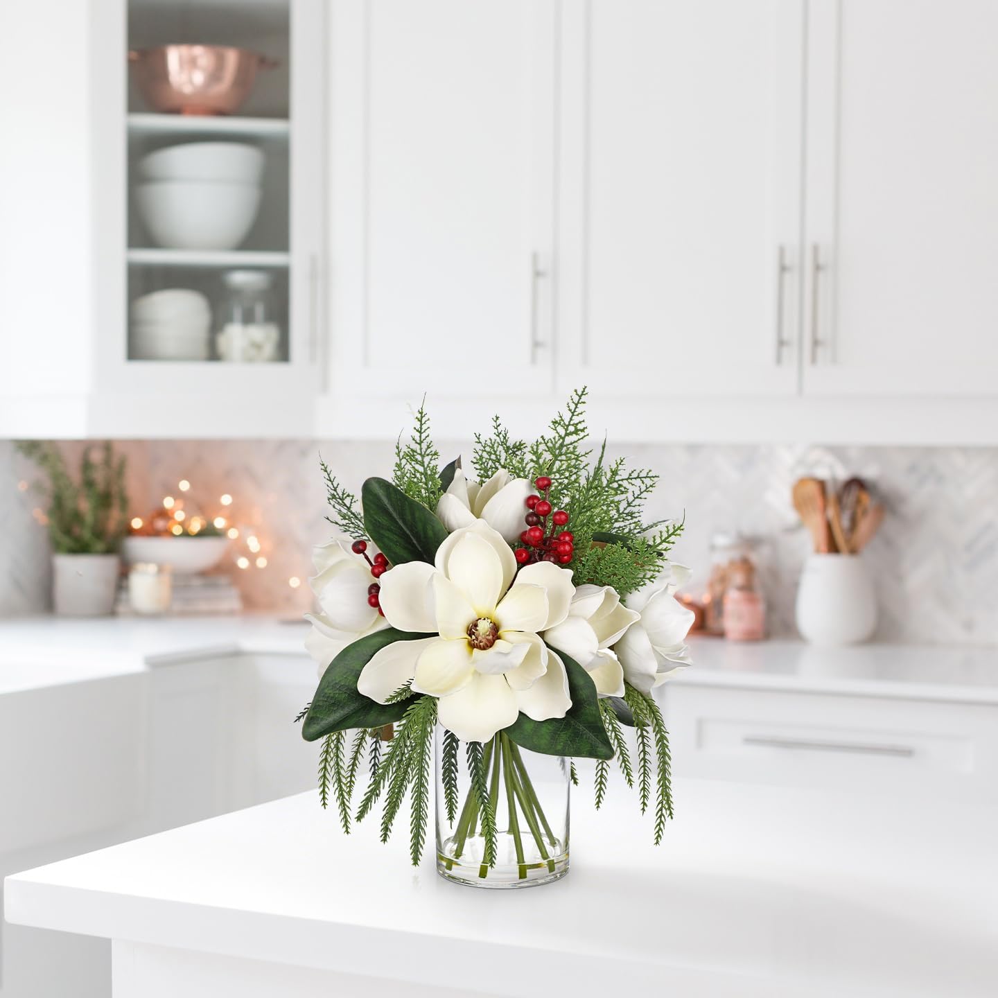 Briful White Christmas Magnolia Flower Arrangement in Glass Vase, 14.9" Artificial Magnolia with Winter Berries Cedar Silk Floral Centerpiece for Holiday Table Mantle Xmas Decor