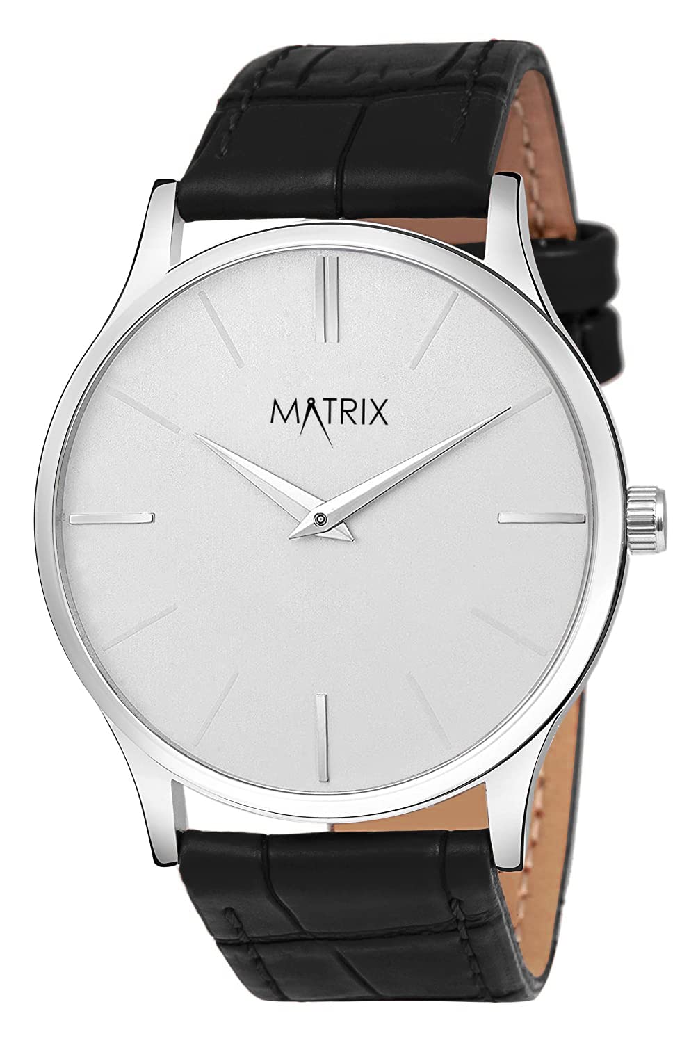 Matrix Men's Signature Two Hands & Cut Glass with Leather Strap Analog Watch ( Black / White Dial )