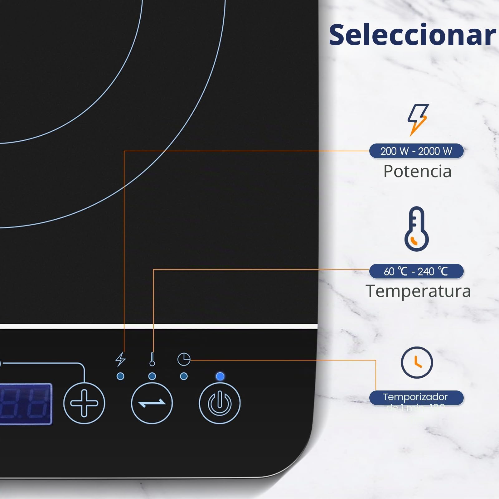 Aigostar BlueFire 30PKZ- Placa de inducción portátil, 2000 W, control táctil, 10 niveles de potencia, temporizador, pantalla digital LED. Para recipientes entre 13 y 24 cm diámetro.