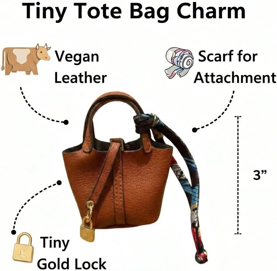 Two's Company Tiny Tote Bag Charm, Vegan Leather PU Accessory Mini Handbag Charm for Tote Bags and Purses