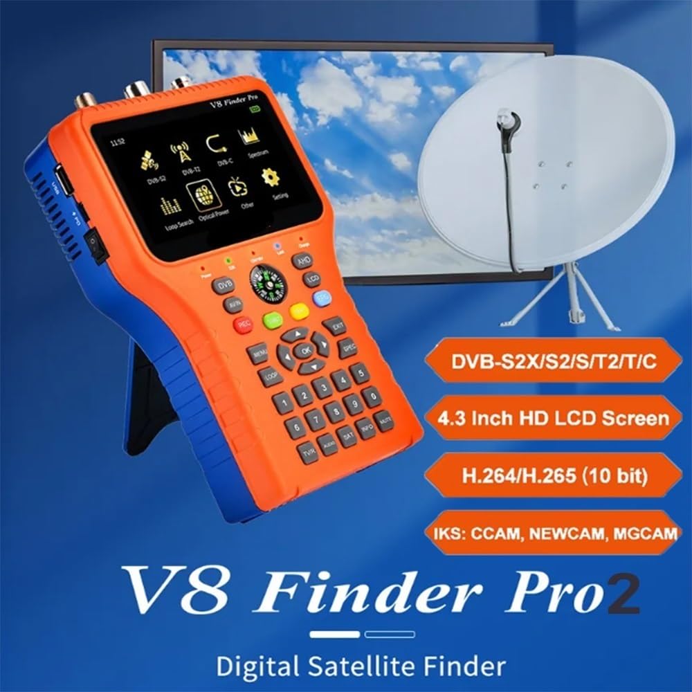 Receptor de Satélite, V8 Finder Pro2 - Medidor de señal satelital DVB-S2/T2/C, buscador satélite Digital HD con HEVC MPEG-4, Receptor TV