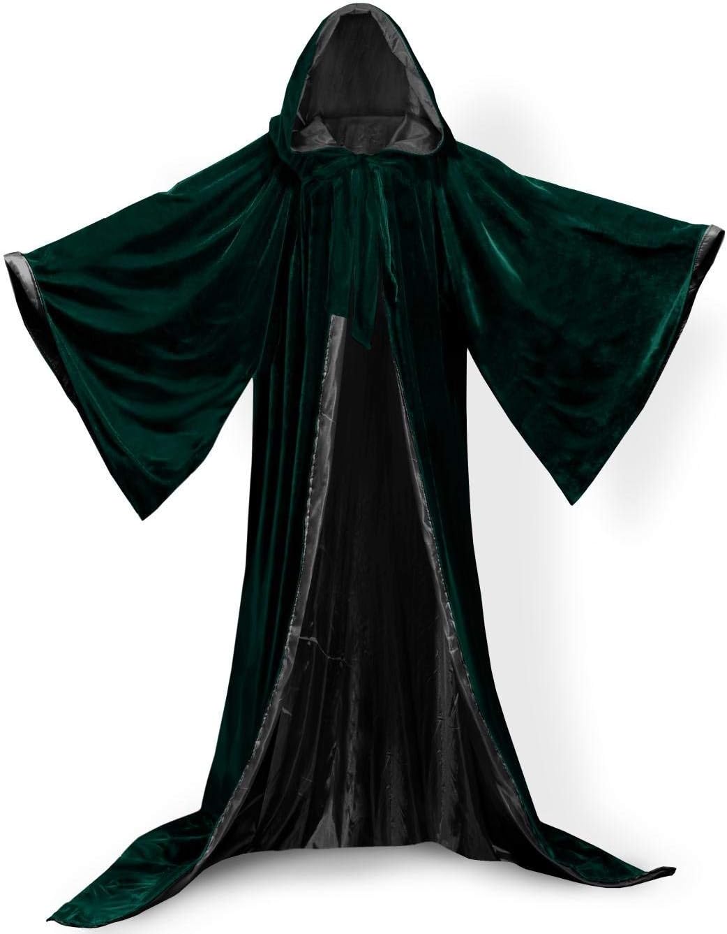 Hooded Cloak Green Halloween Wizard Robe Long Sleeve for Christmas Fancy Coat