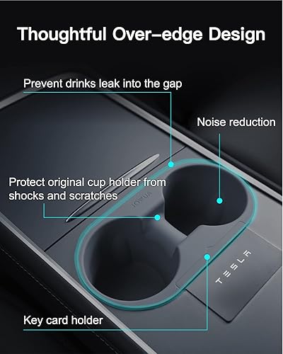 Miniatura 3 de JOWUA Soporte para taza de consola central para Tesla Model 3Model Y, silicona, lavable (gris, portavasos de consola central + posavasos de asiento