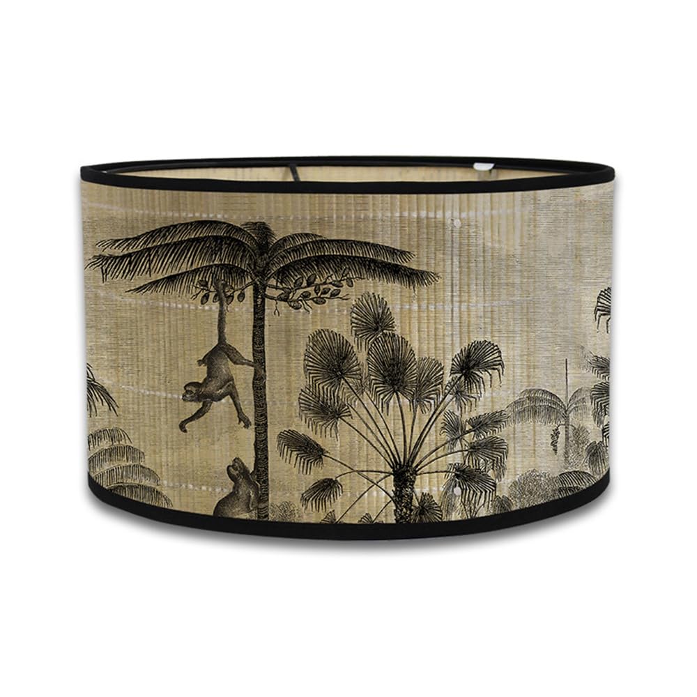 FANSU Bamboo Lamp Shades for Table Lamps, Vintage Round Drum Light Shade Woodsy Decor Pendant Lampshades,Pattern Chandelier Lamp Covers Ceiling Lampshade (Monkeys,30 * 20cm)