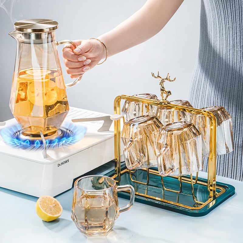 Miniatura 4 de Jarra de vidrio de 1.7 litros58oz con tapa, jarra de agua con mango de boquilla para bebidas de té de agua calientefría (jarra dorada de 1 vidrio)