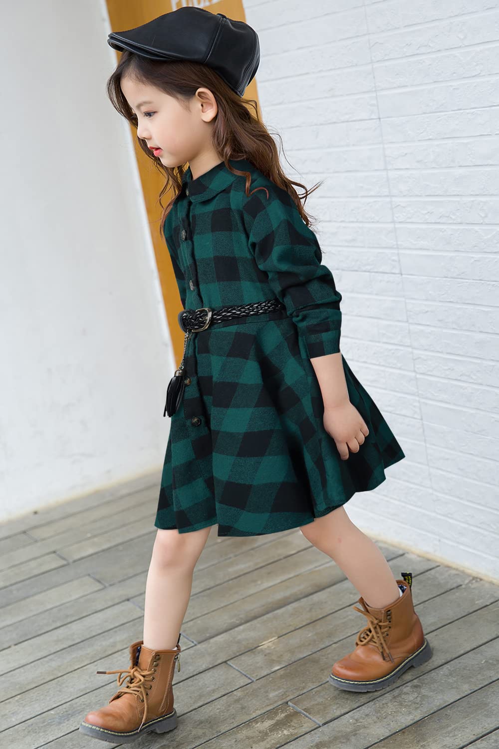 AGQT Camicette Girl Dress Costume di Natale Bambino, Abbigliamento Camicia a Righe Vestito Casuale a Maniche Lunghe con Cintura, Buffalo a Scacchi Camicia Size Abito da 3-11