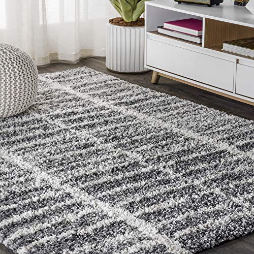 JONATHAN Y Merida Stacked Grid Shag Grey/Ivory 3 ft. x 5 ft. Area Rug, Bohemian, Easy Cleaning, For Bedroom, Kitchen, Living Room, Non Shedding
