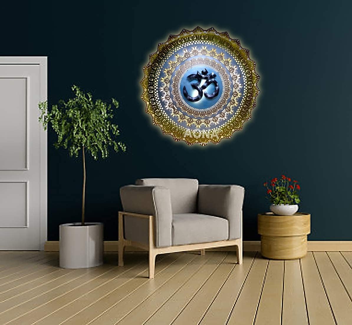 AONA Om Metal Wall Decor Wall Sculpture | Wiser Wrought Iron Round Wall Hanging | Wall Mounted Hanging Art Decor Om Symbol Design Sculpture for Home Living Room Bedroom with LED Light