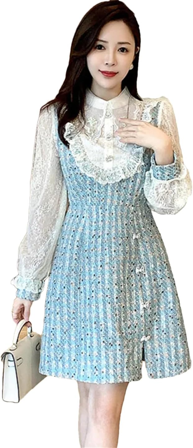 Women Patchwork Tweed Beaded Elegant Dress for Lapel Long Sleeve High Waist Woolen Dress