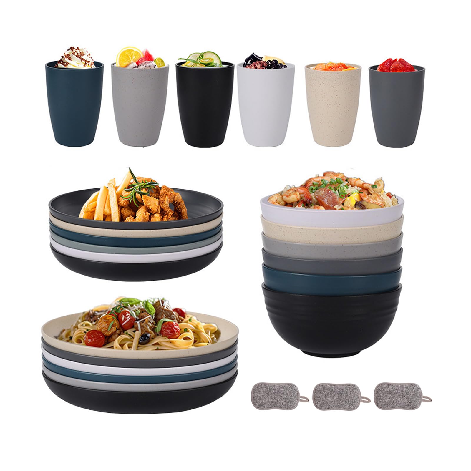 Juego de Vajilla de Plástico Cuencos Platos y Vasos Irrompibles Cubiertos Reutilizables Apto Para Microondas y Lavavajillas Ideal Para Picnics Viajes y Fiestas Navideñas (Color mixto, Juego de 24)