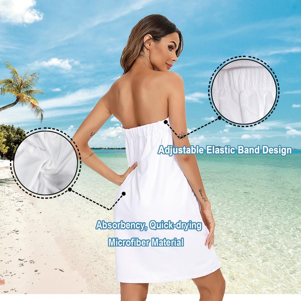 Plus Size White Spa Wrap Towel for Women 2X/3X, Microfiber Wearable Bath Shower Adjustable Sauna Body Towels with Pocket for Pool Beach Bathroom