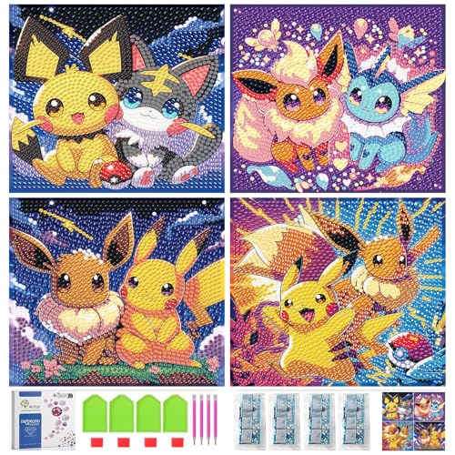 LWZAYS 4 Pack 5D Cartoon Diamond Painting Kits for Kids Beginners Diamond Art Kit for Kids Ages 8-12 Mosaic DIY Full Round Drill Big Gem Art for Kid Home Wall Decoration 6X6 inch