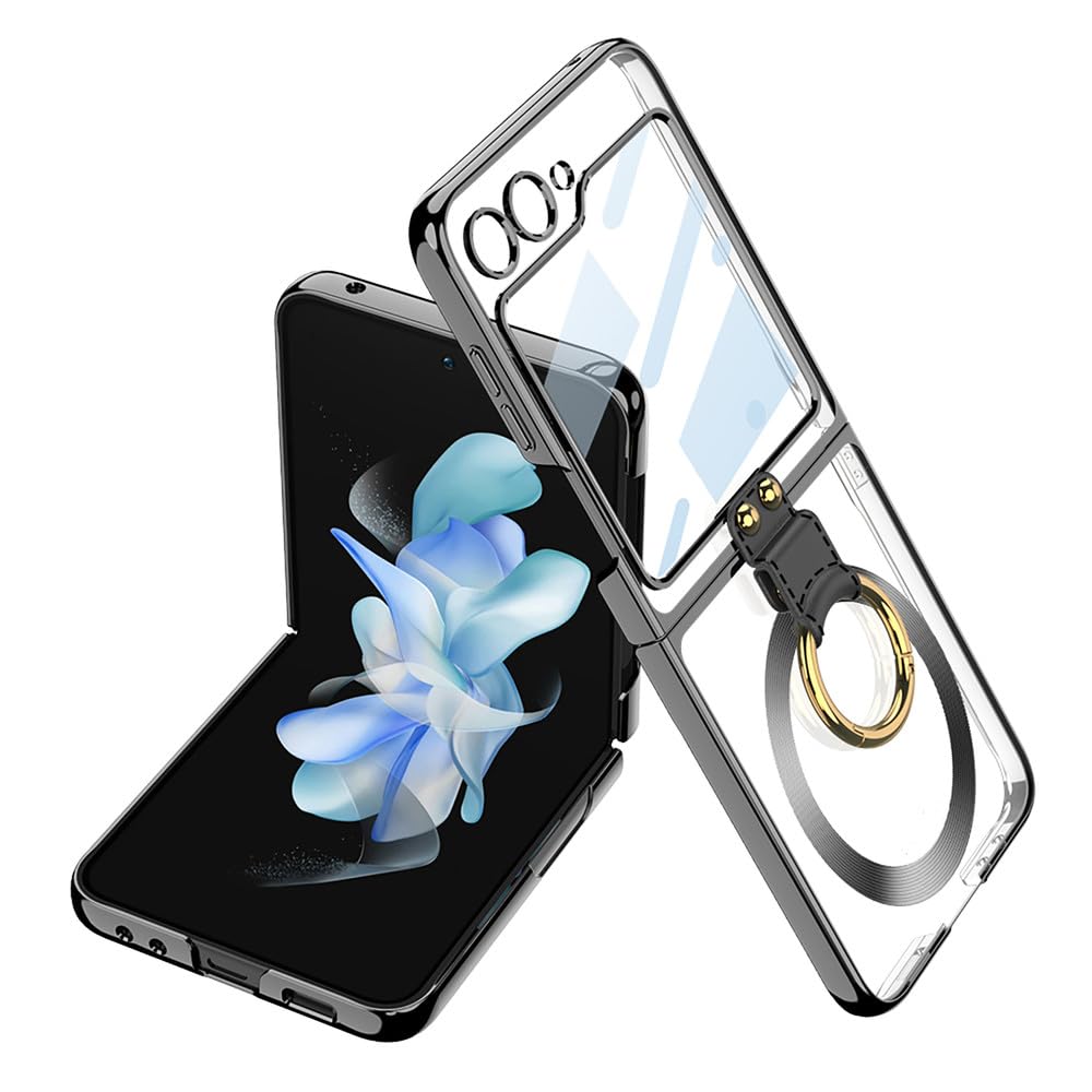 Coque de téléphone Transparente pour Samsung Galaxy Z Flip 5 Flip5 5G avec Anneau de Support, Noire, pour Galaxy Z Flip 5
