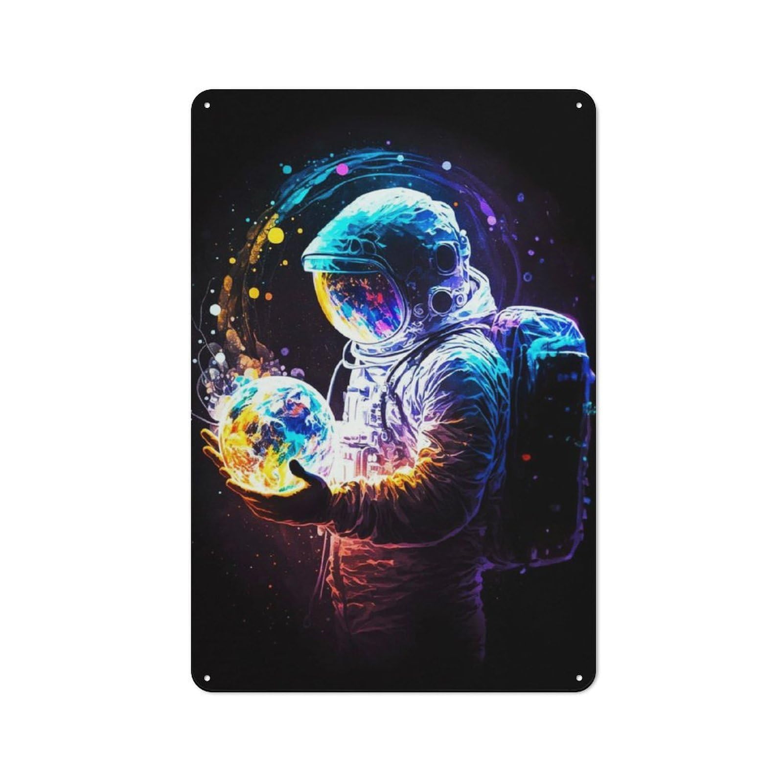 Junmoney Planet In Hand Astronaut Vintage Metal Wall Decor 30X20cm, Tin Wall Sign For Restaurant, Kitchen, Counter Or Breakfast Nook