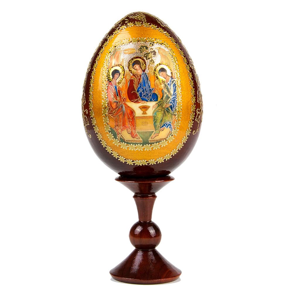 STP GOODS Handmade Wooden Lacquer Icon Egg on Stand (Holy Trinity)