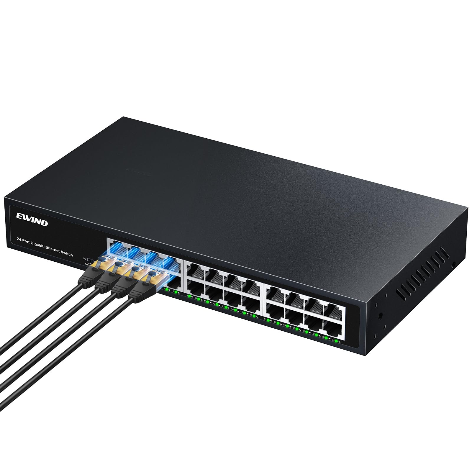 EWIND Commutateur Ethernet Gigabit 24 ports amélioré 2025 avec prévention des LED et des boucles, protection à vie, commutateur réseau non géré Plug & Play, silencieux sans ventilateur, répartiteur
