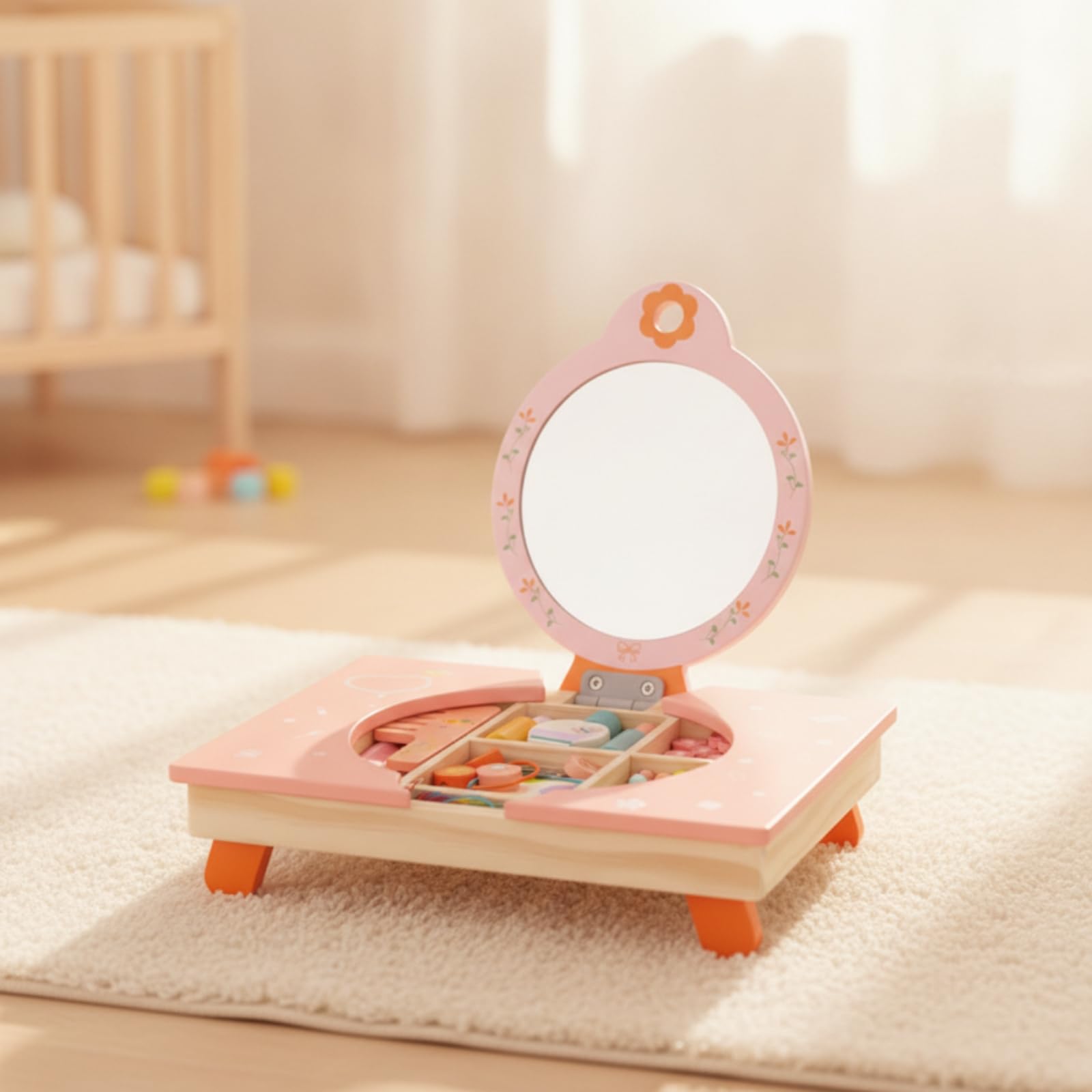 Toeletta Giocattolo Bambina Tavolino Trucco Finto Specchiera in Legno con Specchio a Cuore Base Abbinata E Accessori Come Pettine Forbici Rossetto Contenitori Adatta per Cameretta