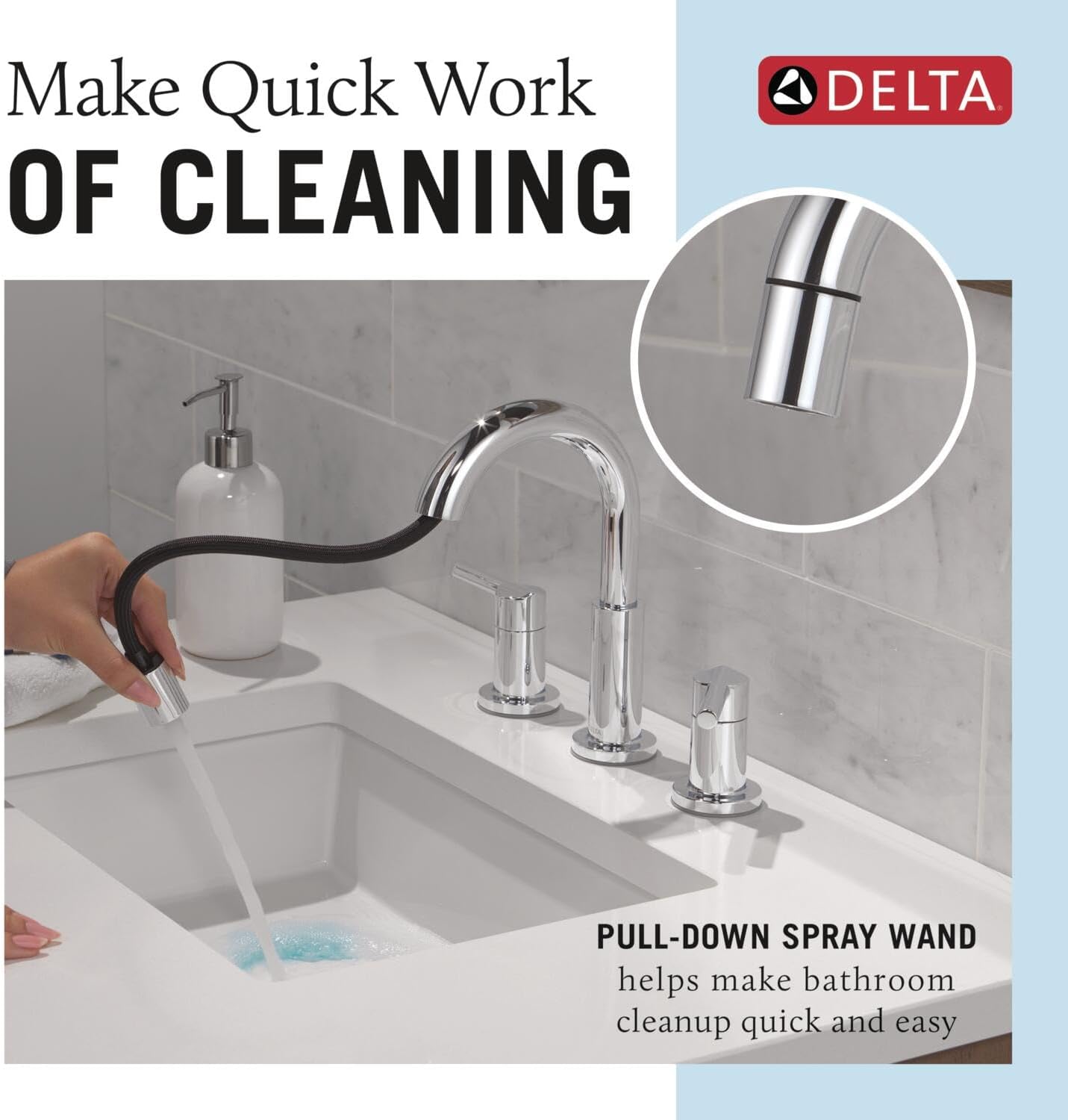 Delta Nicoli Chrome Bathroom Faucet with Sprayer, 8 Inch 3 Hole Widespread Bathroom Sink Faucet with Pull Out Sprayer, Push-Pop Drain, Chrome 35749LF-PD - Image 2