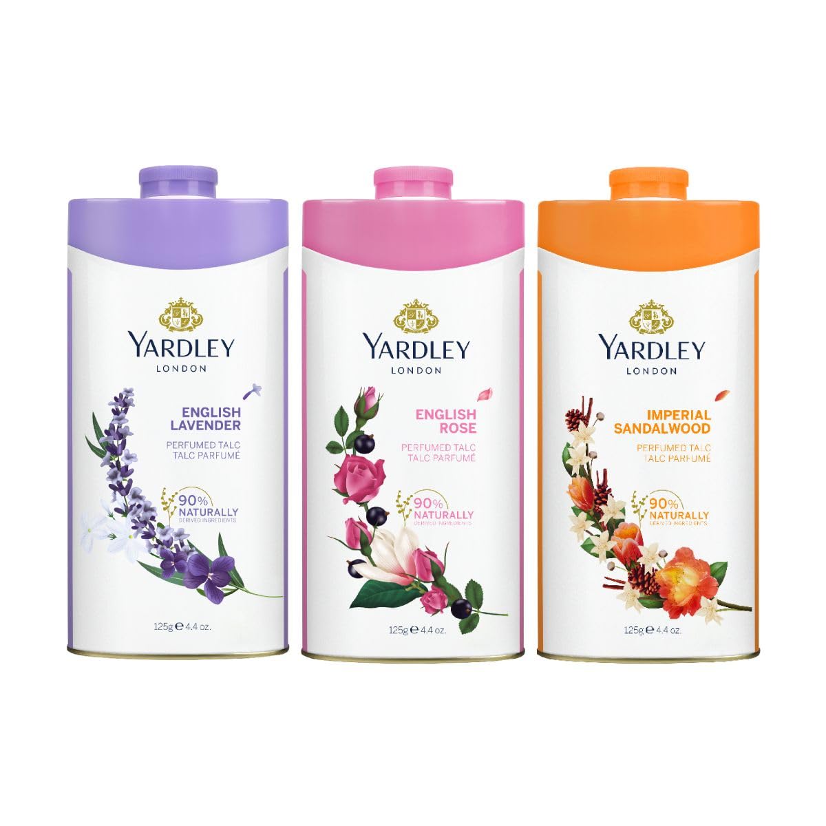 London Talc 3X125gm English Lavender + English Rose + Imperial Sandalwood, 3 X 125 G - Classic Fragrances Trio