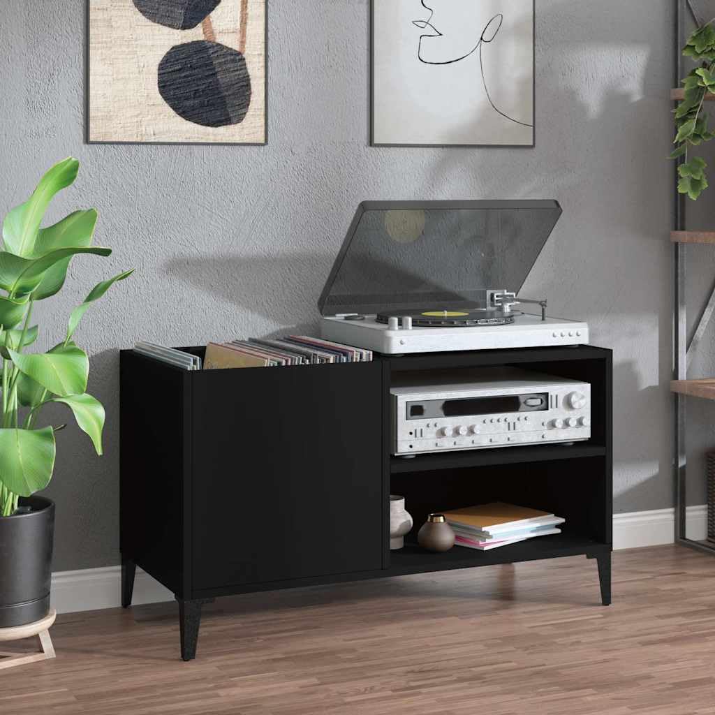 Armadio per dischi nero, 84,5 x 38 x 48 cm, scaffale in vinile in legno con gambe in metallo, contenitore per dischi LP e supporto per giradischi, moderno mobile basso per il soggiorno