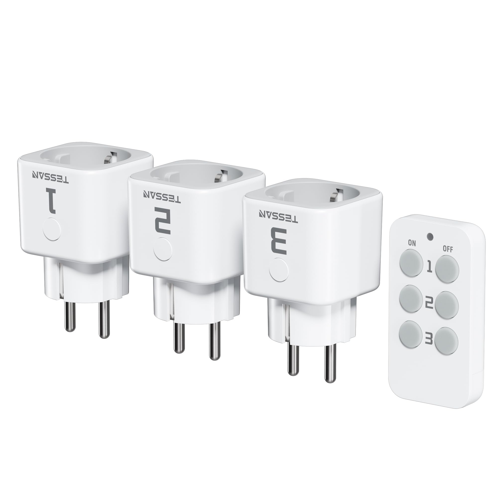 TESSAN Kit de Enchufes Inalámbricos, 3 Enchufe con 1 Mando a Distancia, Rango de Operación 30,5M para Adornos Navideños, Eelectrodomésticos y Lámparas, 2300 W, Blanco