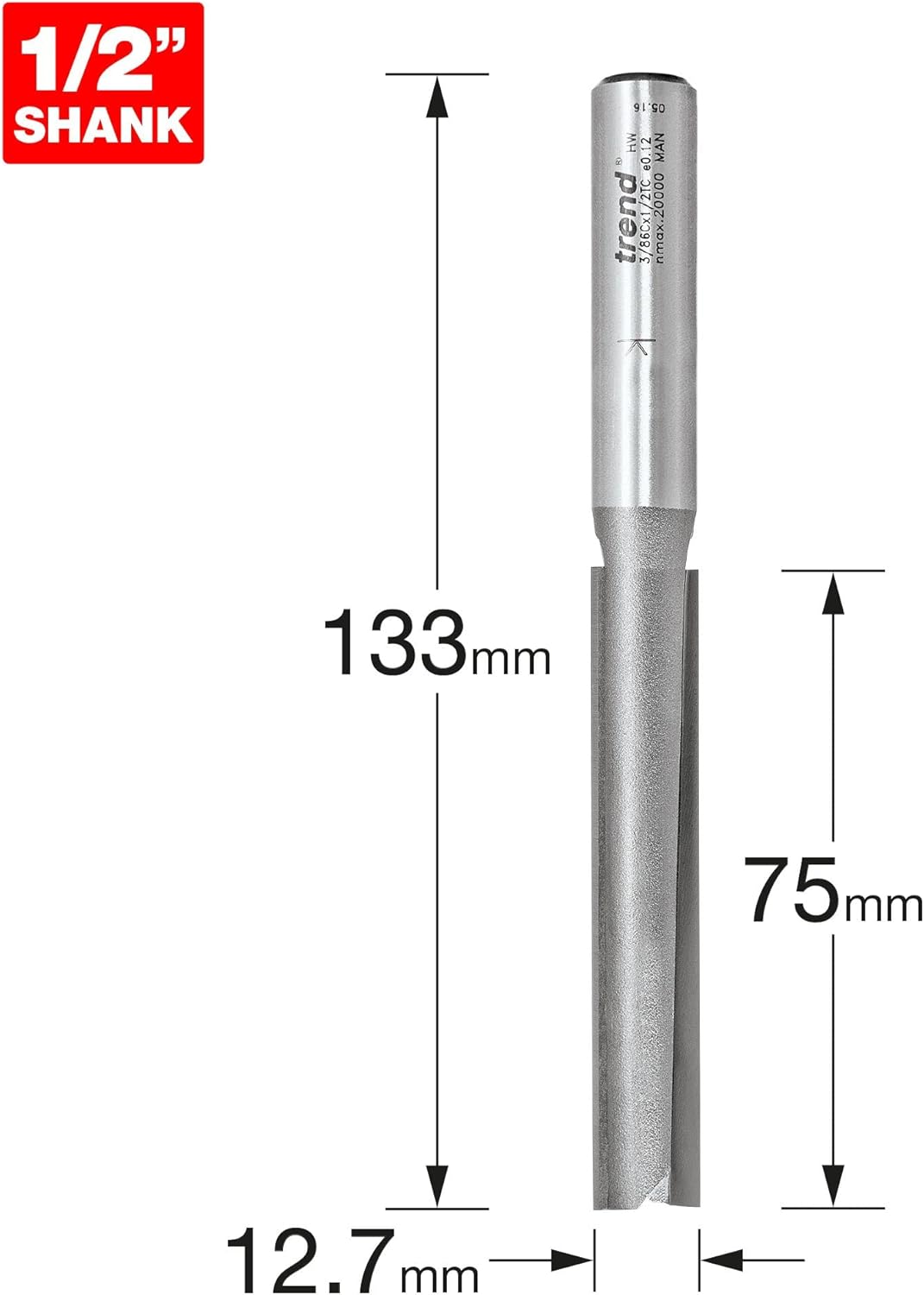 Trend Professional Two Flute Router Cutter Bit, 1/2 Inch Shank, 1/2" Cut Diameter & 2-61/64" Cut Length, Tungsten Carbide Tipped, Clearance Ground, 3/86CX1/2TC