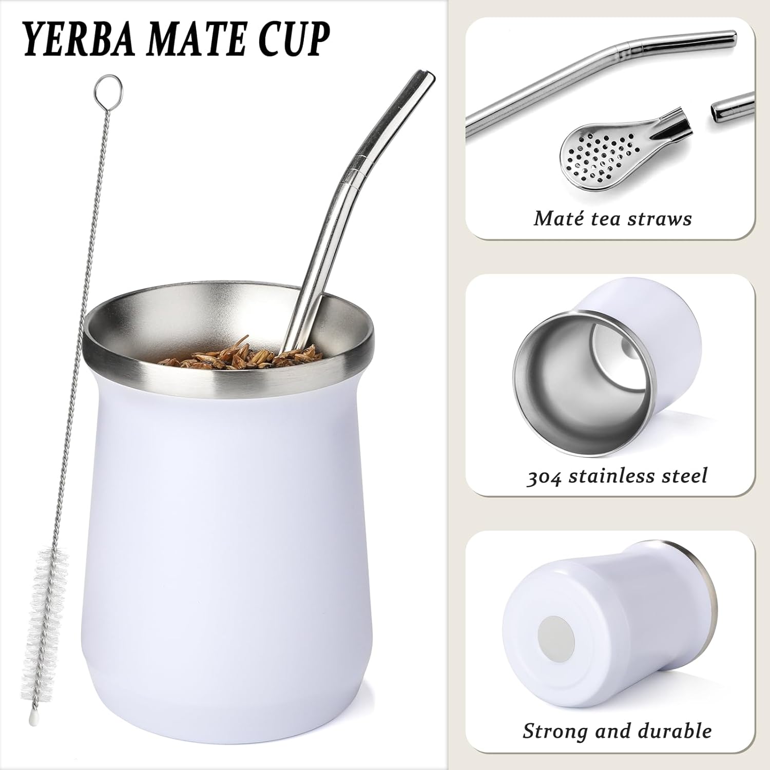 Mate Cup Stainless Steel Yerba Mate Cup 8 oz Yerba Mate Gourd Set Double Walled Tea Cup With Straw and Cleaning Brush (White) - Image 3
