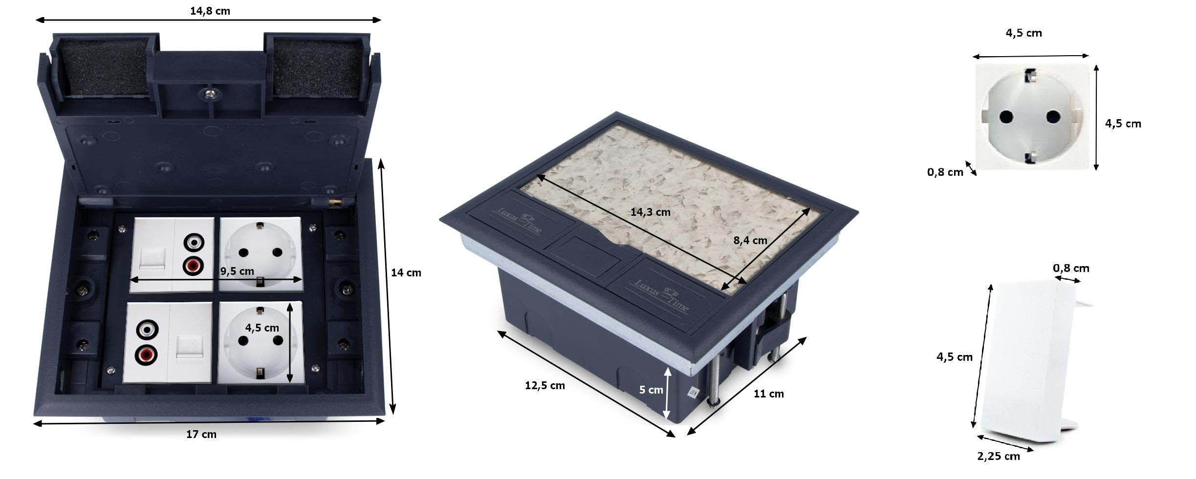 Caja de plástico para depósito de suelo, IP20, 3 enchufes Schuko VDE + 2 enchufes de red, listo para instalar, caja de suelo, tapa retráctil, suelo hueco Luxus-Time