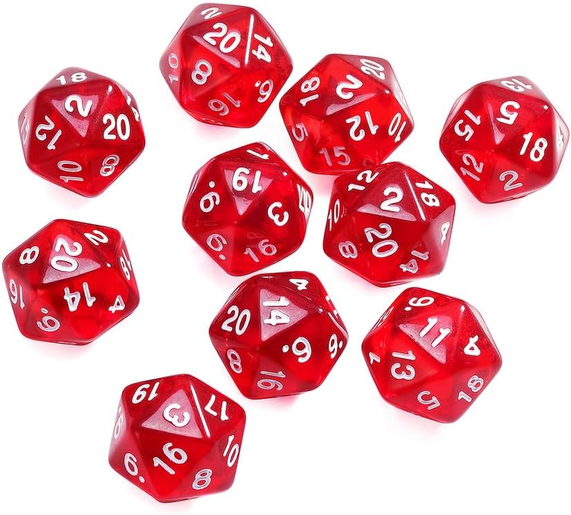 10 Pieces Polyhedral Dice Set D20 Dice 20mm Acrylic 20 Sided Game Dice for Dungeons and Dragons RPG MTG DND Dice Table Games (Transparent Red)