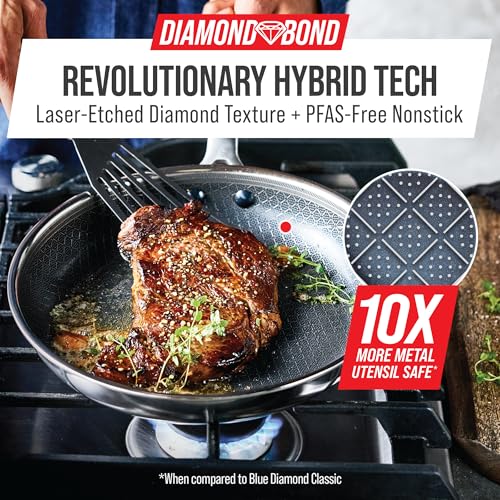 Image of Blue Diamond Hybrid Nonstick Stainless Steel 8 inch Frying Pan, PFAS-Free Ceramic Skillet, Diamond Bond Powerful Searing, Egg & Omelet Pan, Dishwasher Safe, Stay-Cool Handle, Induction Ready, All Cooktops