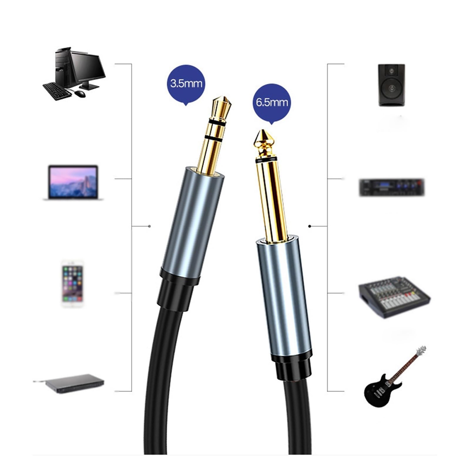 Kabel Audio Do Gitary Gitarowy kabel audio 3,5 mm do 6,5 mm Męski na męski 6,35 Duży dwurdzeniowy przedłużacz z adapterem (Size : 2M)