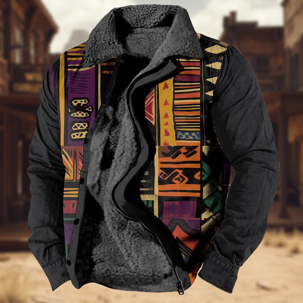 Western Cowboy Aztec Print Graphic Jacket Men's Vintage Collar Fleece Lined Full Zipper Warm Soft Jacket - Image 2