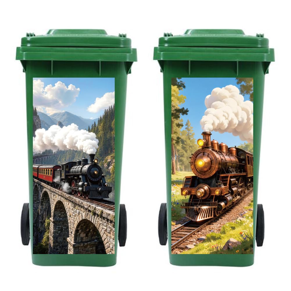 Peacoblue 2Pcs Wheelie Bin Stickers Steam Train Forest for Dustbin Decor