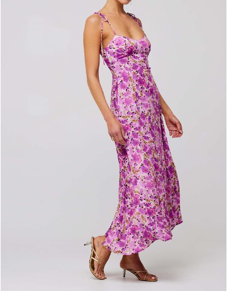 Women Floral Maxi Dress Tie Front Cut Out Backless Boho Spaghetti Strap Summer Beach Sundress - Image 6