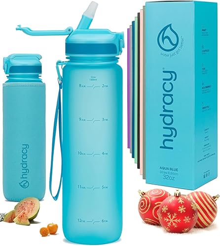 Hydracy Botella de agua con horas para beber marcadas, grande, sin bisfenol A, a prueba de fugas, funda anticondensación, para gimnasio, con colador