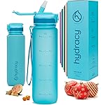 Hydracy Water Bottle with Times to Drink & Straw - Large 32 Oz BPA Free Motivational Water Bottle & No Sweat Sleeve -Leak Proof Gym Bottle with Time Marker - Ideal for Fitness, Sports & Outdoors