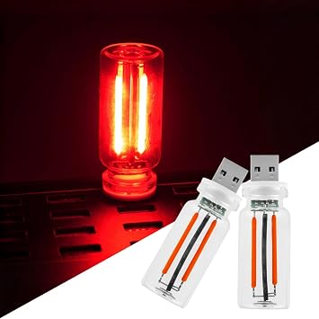 2PCS Car USB Night Light Bulb, Plug-in Touch Dimmable Car Interior LED Ambient Light, Portable Mini Retro Glass Bottle Lamp for Vehicle, Bedroom, Camping, Party Red