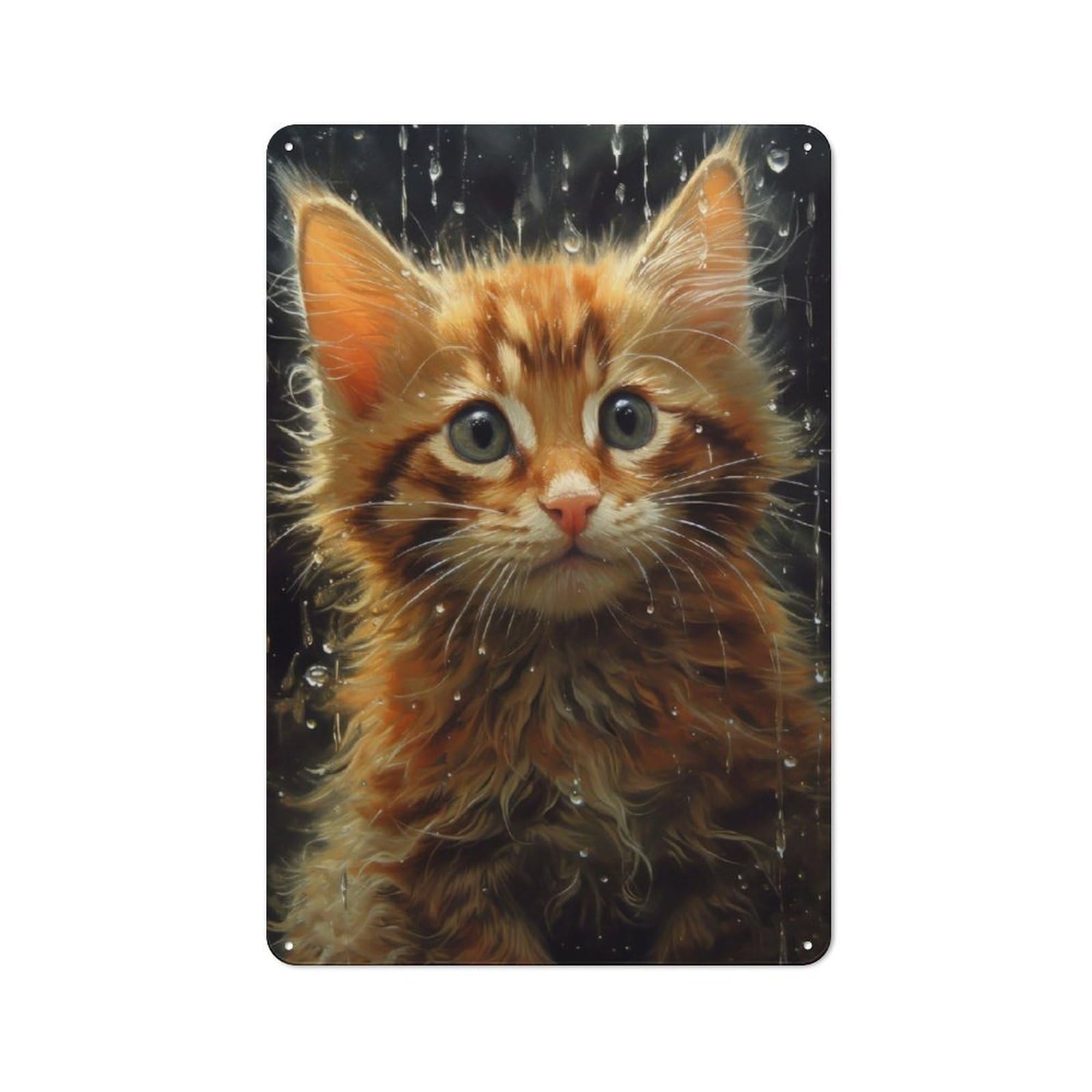 Junmoney Wet Cat Closeup Rustic Metal Wall Sign 30X20cm For Café Or Restaurant, Gift Idea At Christmas For Café Owners And Decorators
