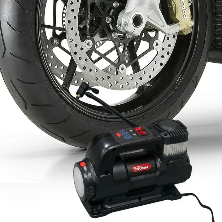 Hyper Tough digital tire inflator connected to a motorcycle tire valve