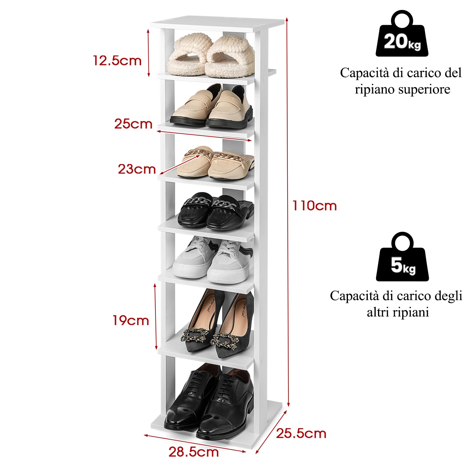 Scarpiera In Legno A 8 Ripiani - Scaffale Portascarpe Salvaspazio, Per Ingresso O Camera, 28,5x25,5x110 Cm - Foto 2