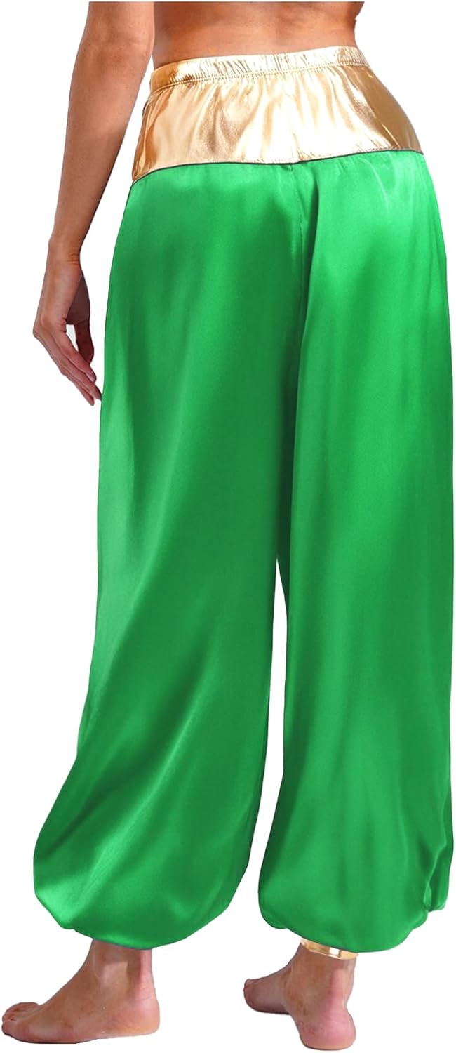 ACSUSS High Waist Silky Satin Arabian Harem Pants for Women for Rave Halloween Cosplay & Dance