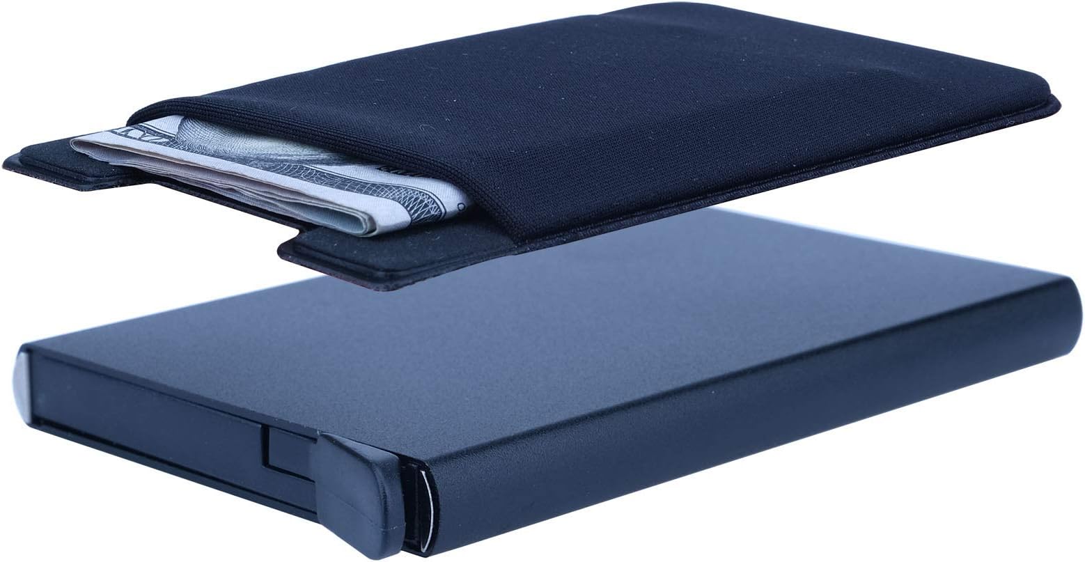 BOHONG 2PCS Aluminum Credit Cards Holder Pop Up Slim Card Wallet RFID Blocking Card Protector(Black)-1pc & Minimalist Wallet Vertical Card/Money Holder-1pc