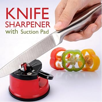 Knife Sharpener - Compact Hands Free Manual Power Grip Suction, Tungsten Blades for Chef’s & Serrated Knives - Safe & Efficient for Hardened Steel - Ideal for Kitchen & Professional Use (Red)