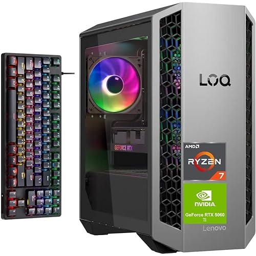 Lenovo LOQ RTX 5060 Ti Gaming Desktop, AMD Ryzen 7 8745HX, 32GB DDR5 RAM, 2TB SSD, DP, RJ-45, Wired KB & Mouse, Bundle with Thunderobot KG3089R Gaming Keyboard, Silver, Windows 11 Home