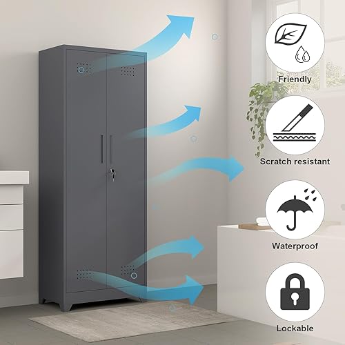 Miniatura 5 de GREATMEET Armario de escoba, armario de escoba con tablero de clavijas y barra para colgar, gabinete de almacenamiento de suministros de limpieza