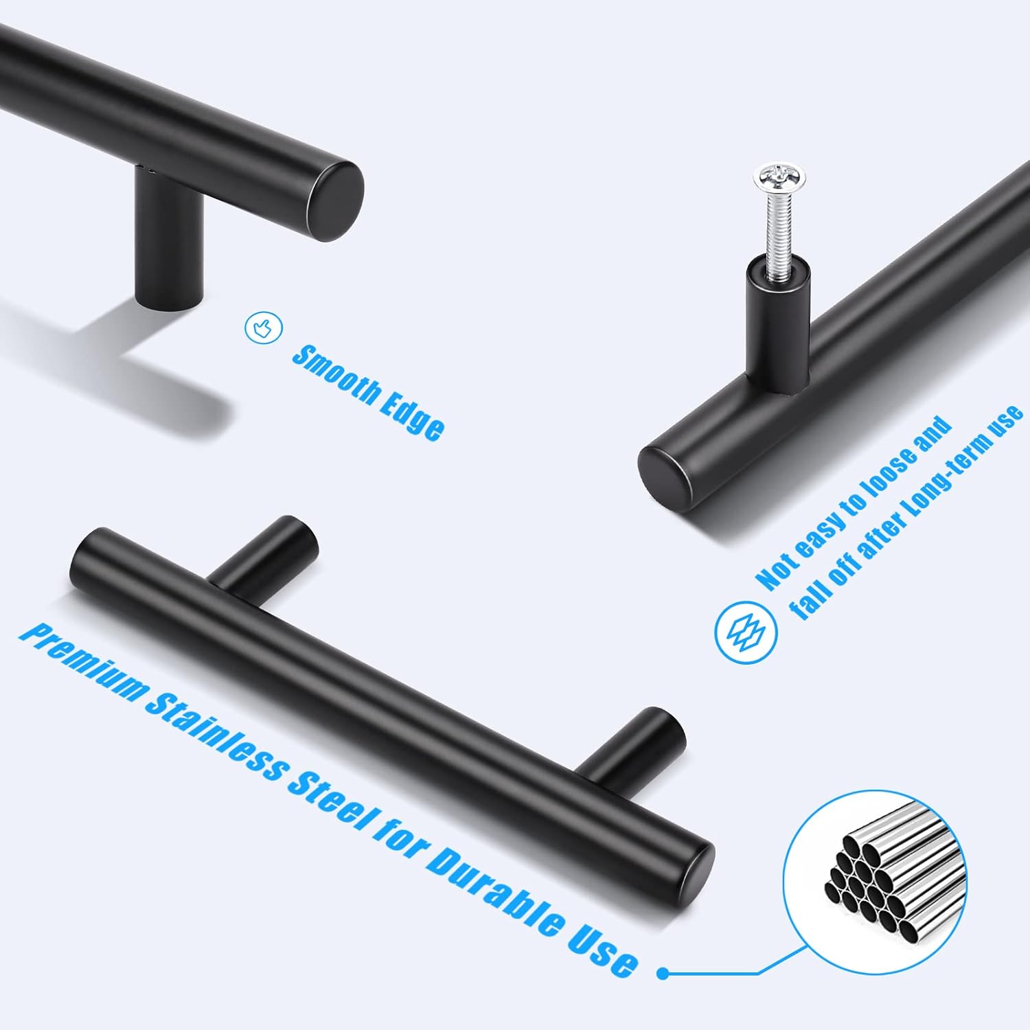 KNOBWELL 15 Pack 5 Inch Cabinet Pulls for Vanity Chest Kitchen Cabinet Handles with 3 Inch Hole Center Matte Black Cabinet Hardware Stainless Steel Kitchen Drawer Pulls for Cabinets Cupboard