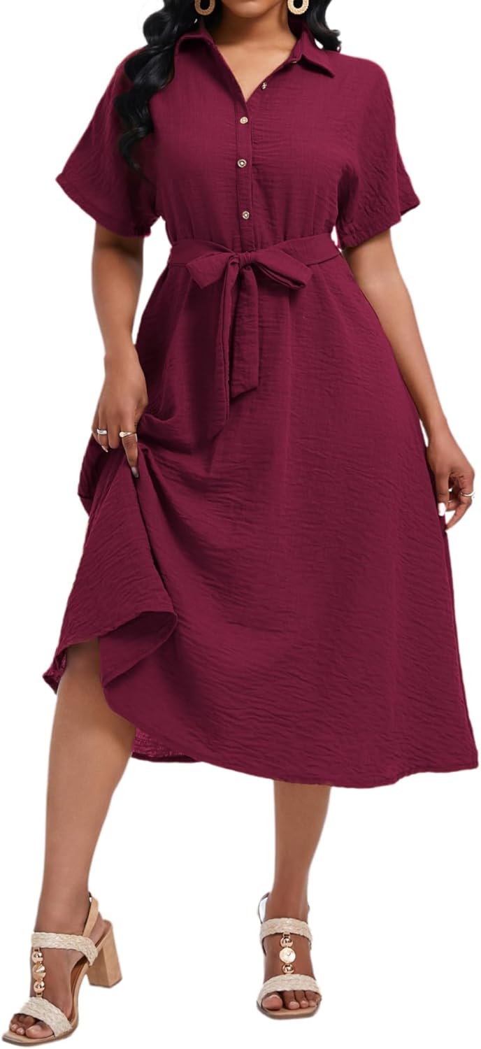 Women's Summer Casual Button Down V Neck Short Sleeve Smocked High Waist A-Line Elegant Belted Midi Dress - Image 3