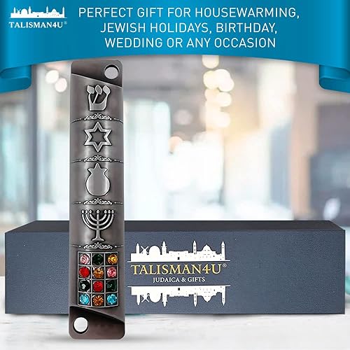 Miniatura 4 de Estuche de mezuzá de peltre con pergamino 3D estrella judía de David Jerusalén Menorah 12 Tribus de Israel hebreo Shin Door Mezuza Judaica Regalo