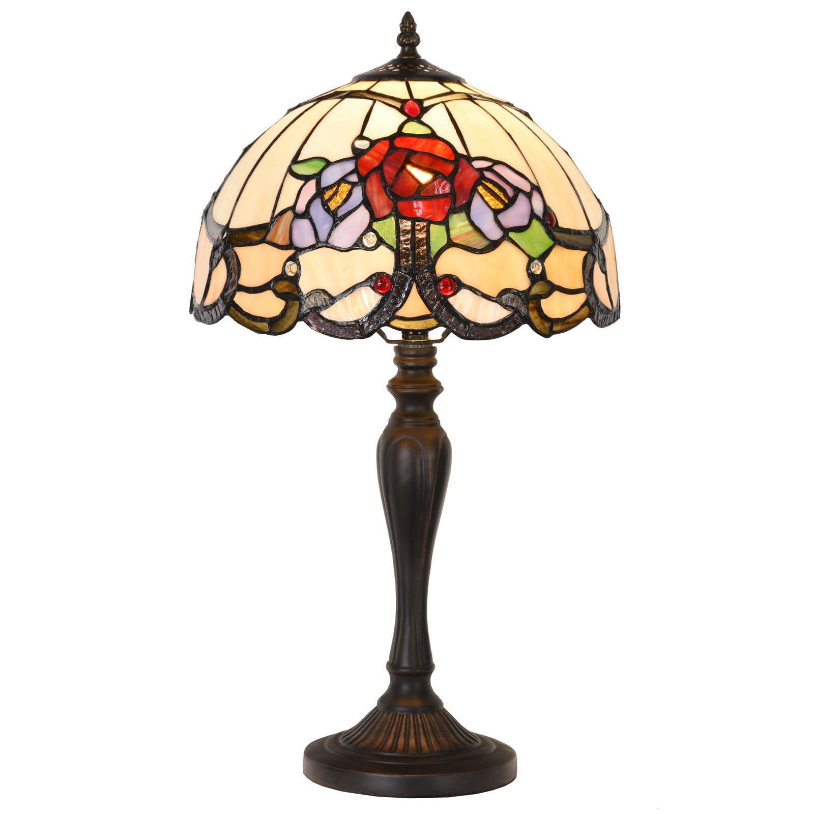 TL0011 Tiffany Lamp Rose Flowers Design Stained Glass Table Lamp for Living Room Bedside Bedroom Office, Vintage Look Handcrafted Accent Décor, LED Bulb Included