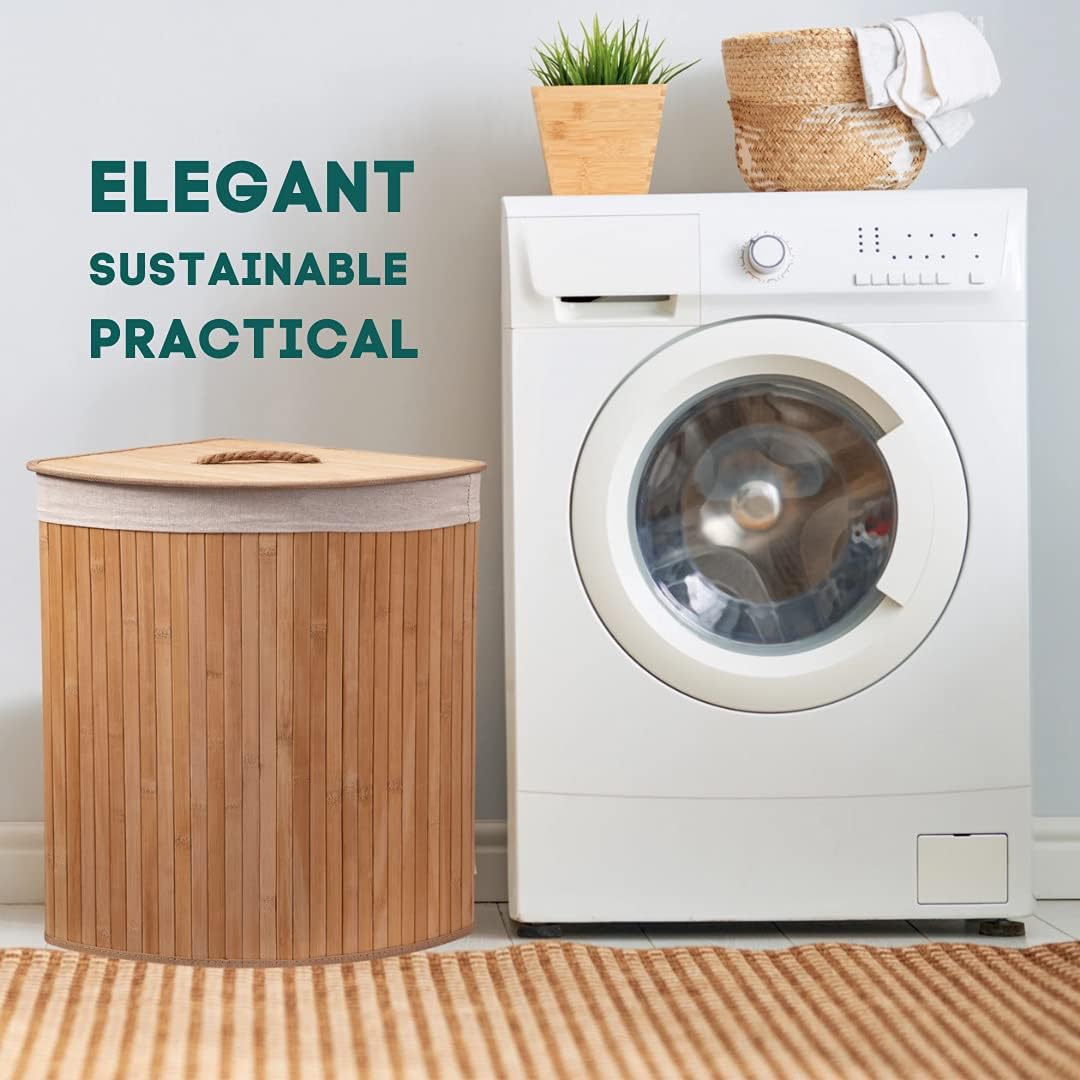 Bamboo Laundry Basket with Lid - 55 Litres, Round Style, Laundry Hamper with Removable Washable Lining